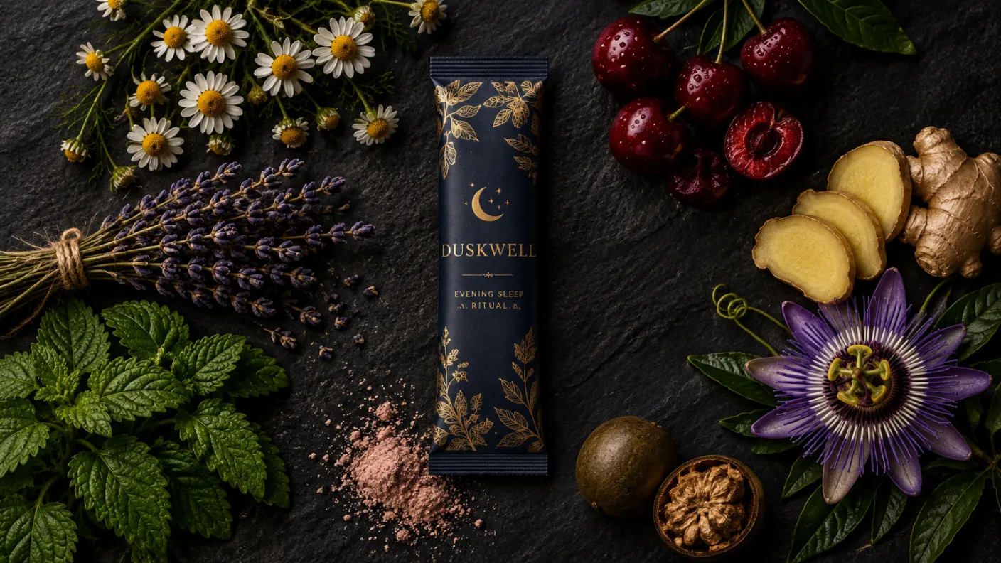 Duskwell packet surrounded by chamomile, lavender, lemon balm, tart cherries, ginger, passionflower and monk fruit