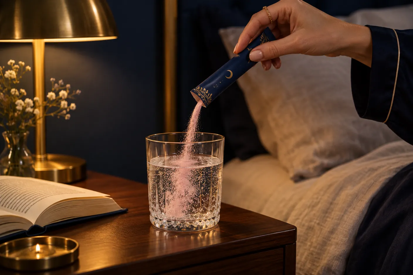 Pouring a Duskwell packet into a glass of sparkling water at the bedside
