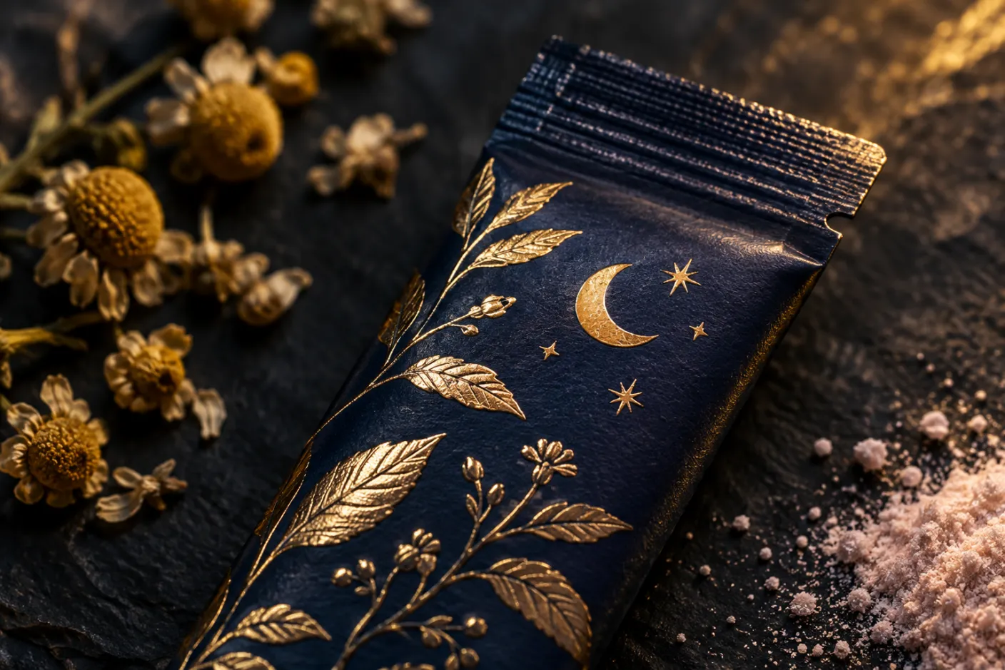 Close-up of a Duskwell packet with gold foil botanical detail