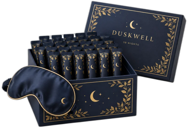 Duskwell Founder's Box with 30 sleep packets and a silk sleep mask